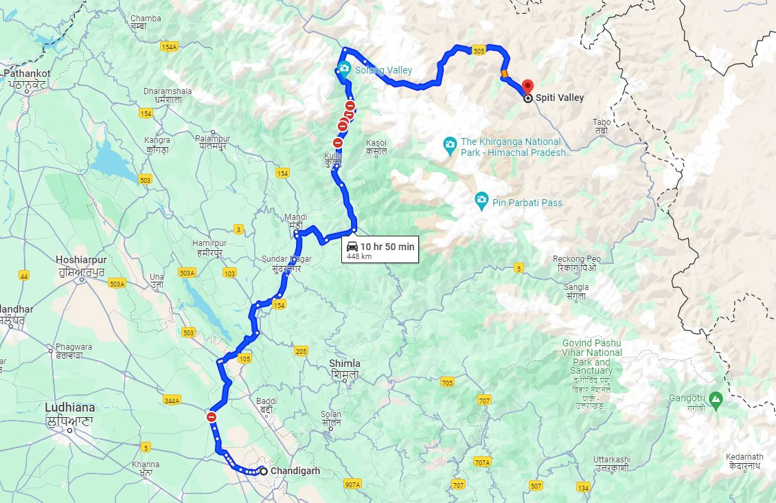 chandigarh-to-spiti-valley-road-map